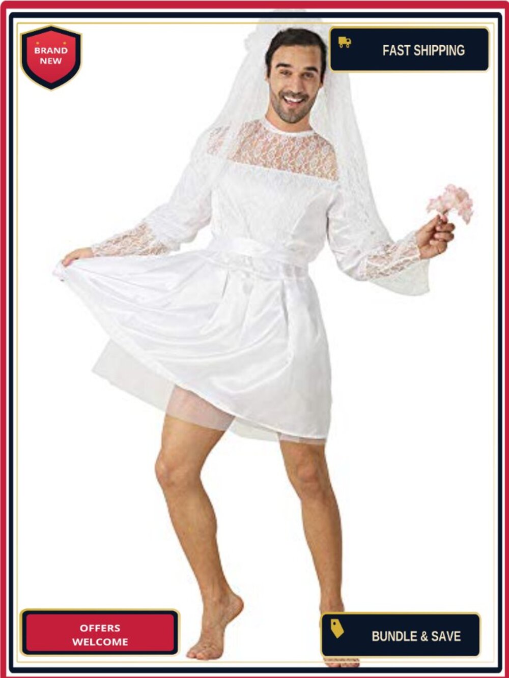 Men's Funny Bride Costume Wedding Dress Veil Stag Do Hen Night Party Outfit One